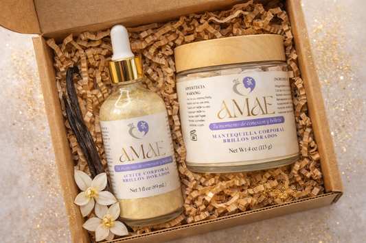 NUEVO SET DE MANTEQUILLA CORPORAL Y ACEITE CORPORAL BRILLOS DORADOS.